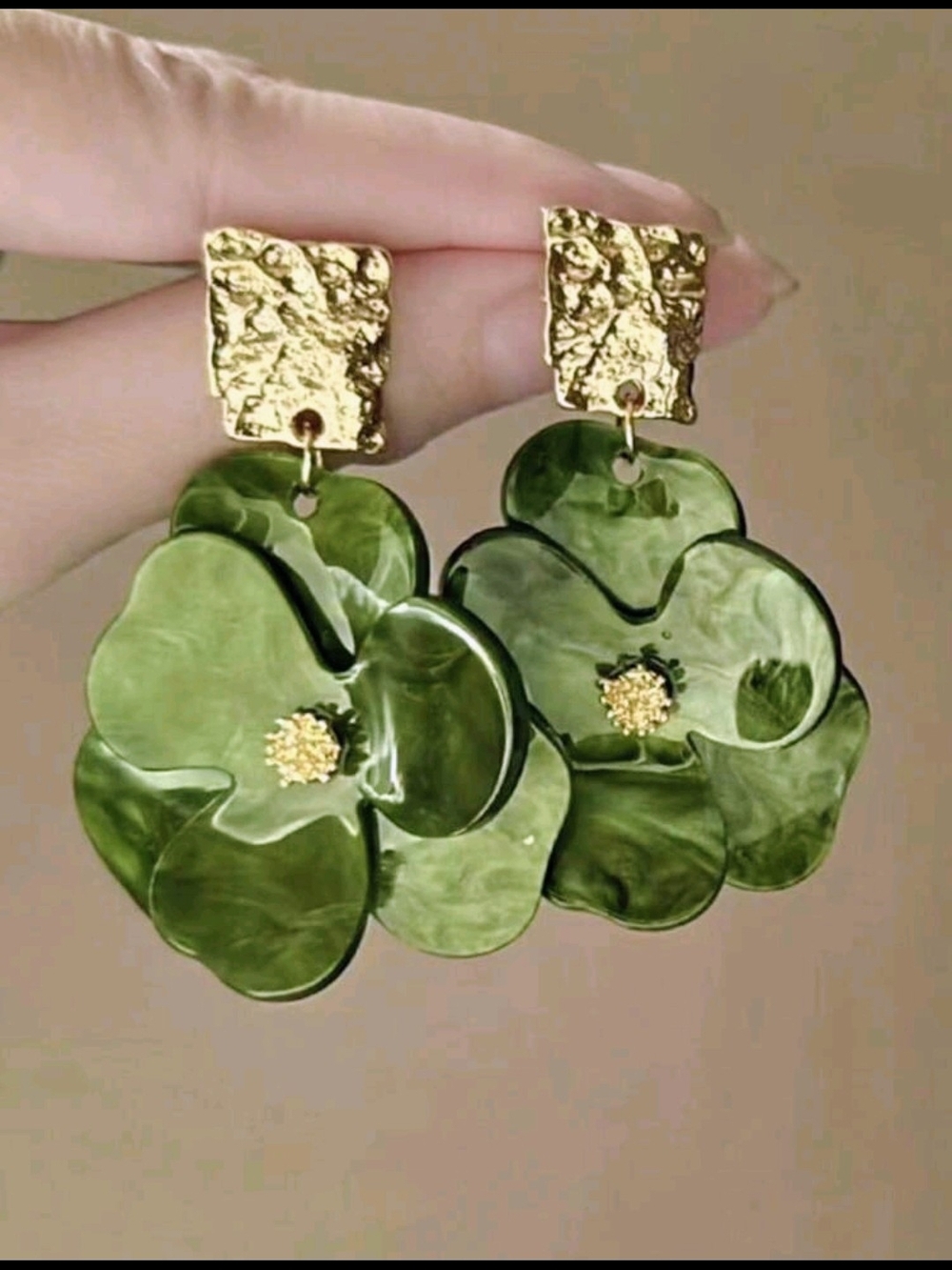 Green Floral Drop Earrings with Gold Accent